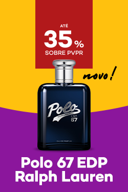 Novo perfume Polo67 EDP da marca ralph lauren com destaque promocional de até 35% sobre preço de Venda ao Público Recomendado